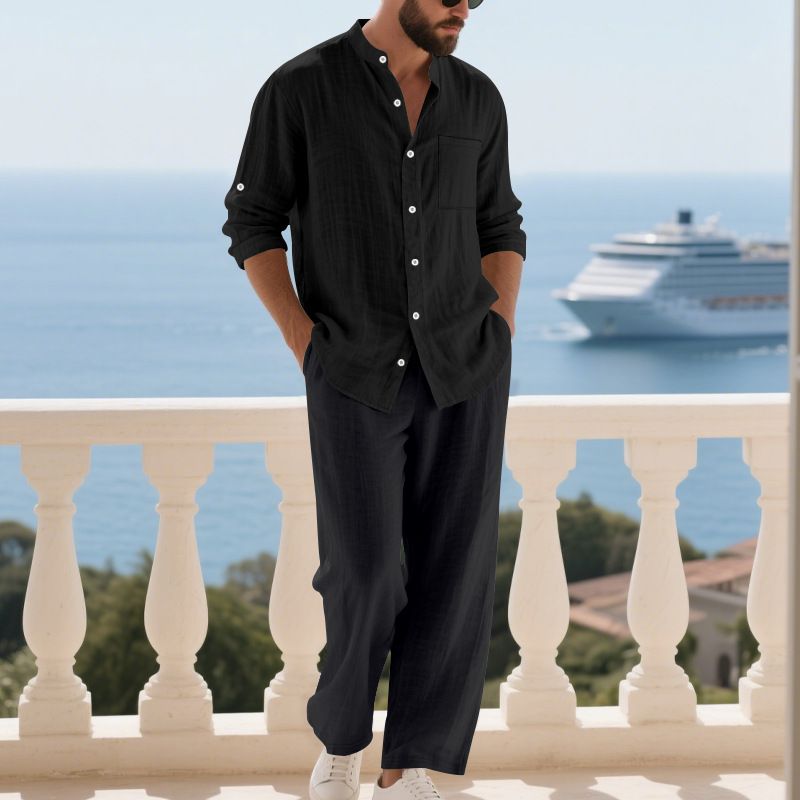 Camicia Henry a maniche lunghe, comoda e traspirante, in lino autunnale, da uomo, per la casa e la spiaggia_voghion.com
