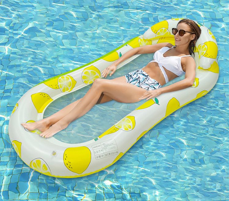 Sillón inflable premium en forma de 8 con malla transpirable y soporte para el cuello (PVC ecológico, tamaño único, para piscina/playa, diseño con estampado de limones)_voghion.com
