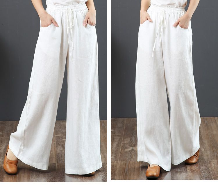 2023 Spring Summer Korean Cotton Loose Plus Size Wide Leg High Waist Floor-Length Straight Linen Women's Pants_voghion.com