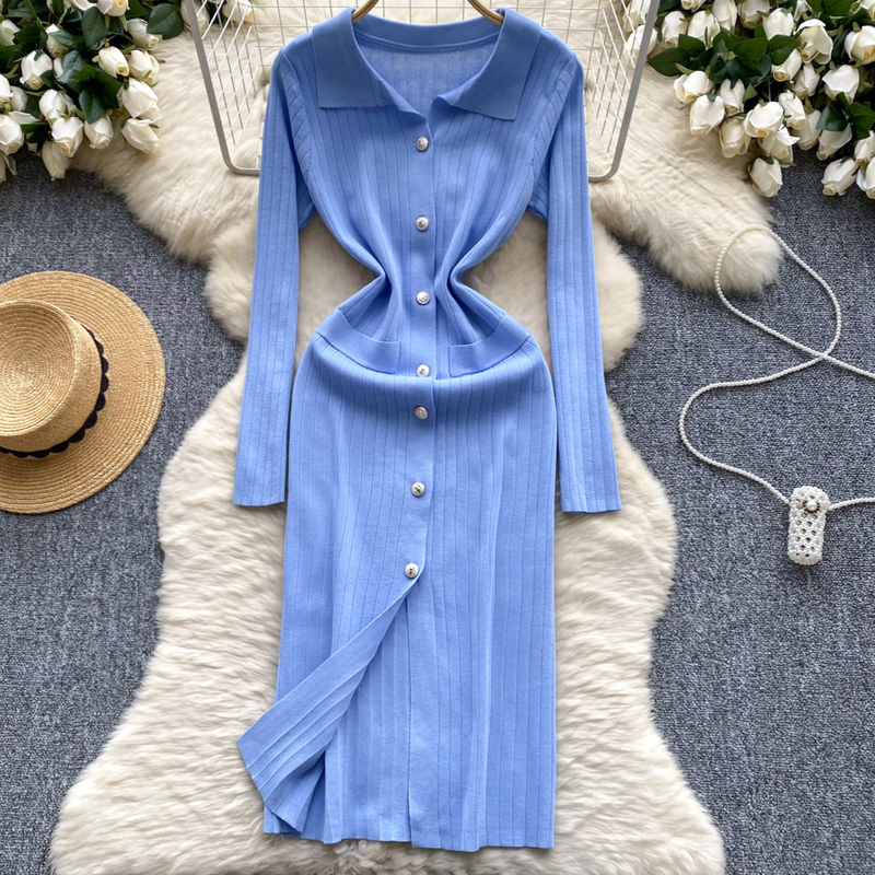 Vêtements pour femmes Robe tricotée rétro à revers simple boutonnage longueur taille minceur pull intérieur jupe mi-longue_voghion.com