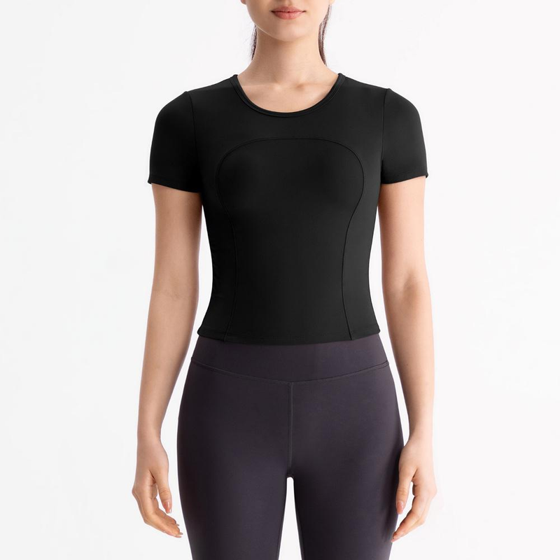 Vêtements de yoga pour femmes, manches courtes, avec coussinet de poitrine, plissés, coupe slim, sport, fitness, t-shirt_voghion.com
