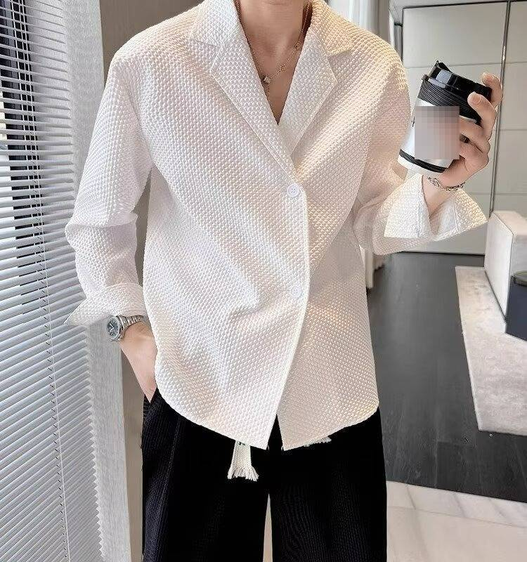 Camicia a nido d'ape di alta qualità da uomo, marchio americano alla moda, con scollo a V, ampia, a maniche lunghe, in tessuto jacquard, con colletto cubano_voghion.com