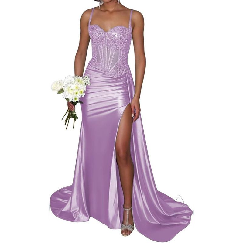 Abito da sera elegante verde senza spalline con spacco alto e piccolo strascico – Abito da sera formale per donna_voghion.com