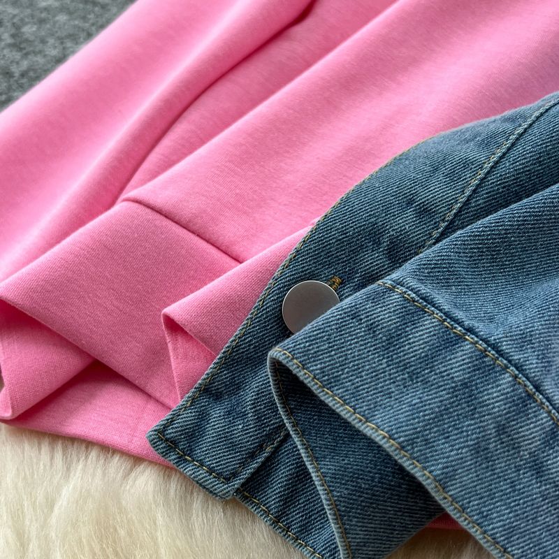 Casual Suit For Women Fashionable Design Splicing Hooded Sweatshirt High Waist Denim Splicing Wide Leg Pants Two Piece Set_voghion.com