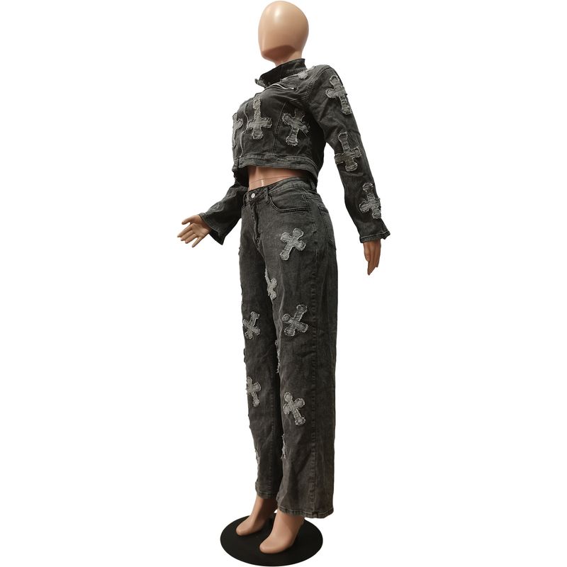 Women's Clothing New Cross Washed And Burned Western Elastic Casual Denim Suit_voghion.com