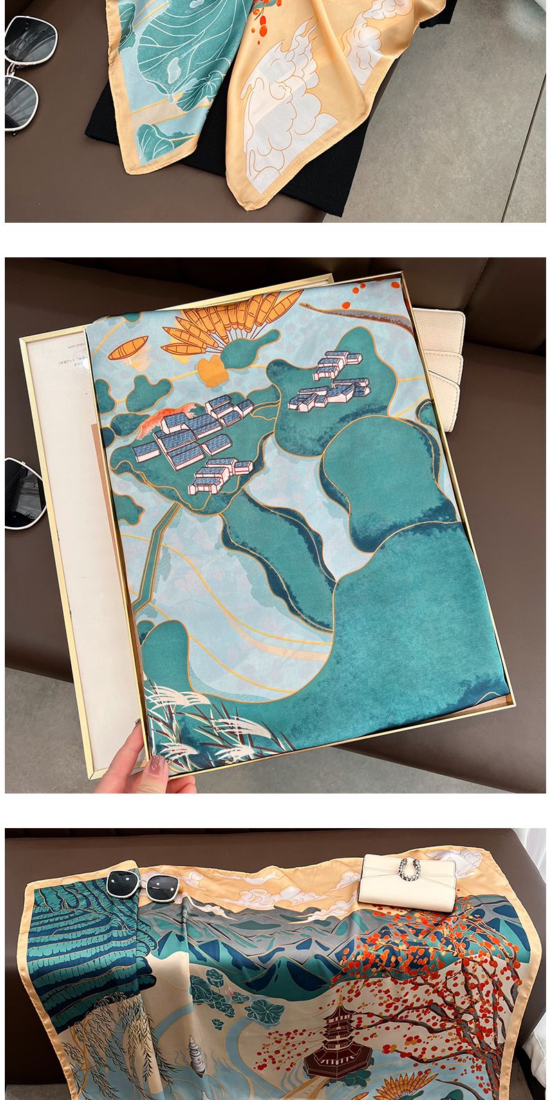 New Chinese style 110 * 10 square with West Lake print silk for women's suits, shirts, and decorative scarves_voghion.com