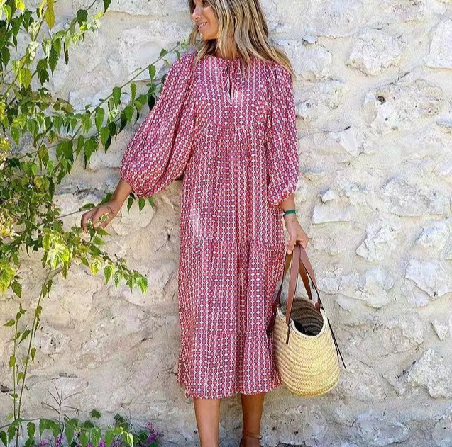 New popular geometric print bubble sleeve loose dress_voghion.com