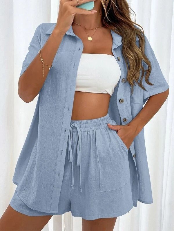Einfarbig Einreiher Top Beiläufige Lose Kurze Hosen Sets Frauen Sommer frauen 2 Stück Anzug Komplette Set Weibliche Outfit kleidung_voghion.com