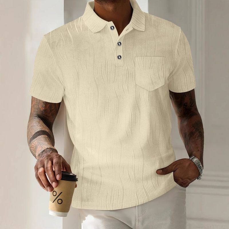 Men's New Lapel Button Pocket Corduroy Solid Color Casual Short Sleeved Polo Shirt_voghion.com
