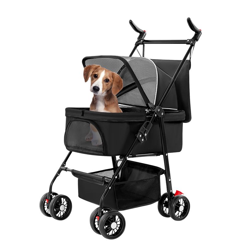 4 Wheels Pet Stroller Foldable Carrier Strolling Cart Travel Jogger Pet Stroller with Removable Liner Storage Basket for Dog Cat_voghion.com