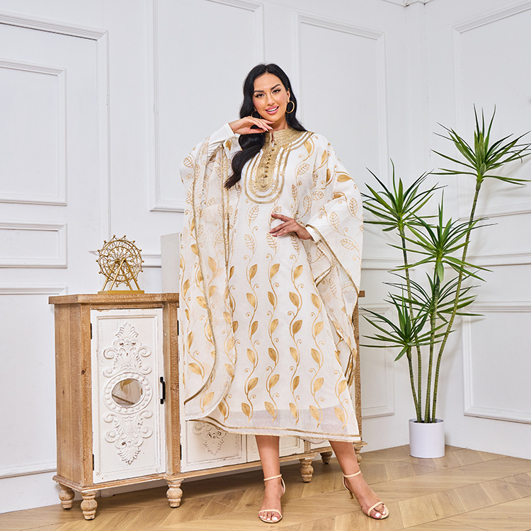 Damenmode Baumwollgarn bestickt Goldband muslimische Robe Weste zweiteiliges Set Abaya Kleid_voghion.com
