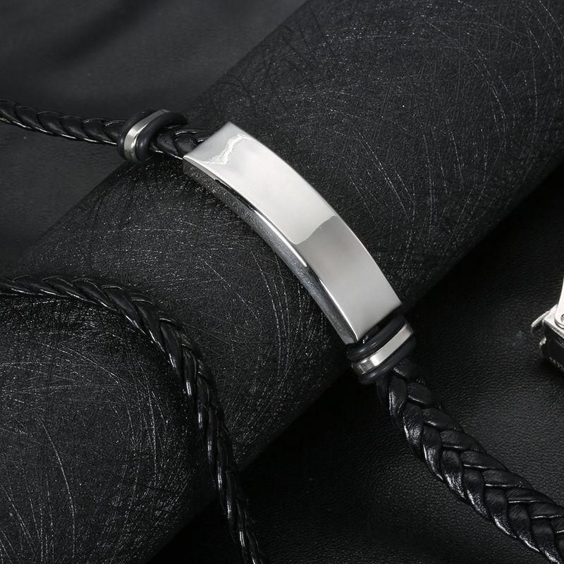Bracciale da uomo in pelle intrecciata, stile semplice e alla moda, in acciaio al titanio_voghion.com