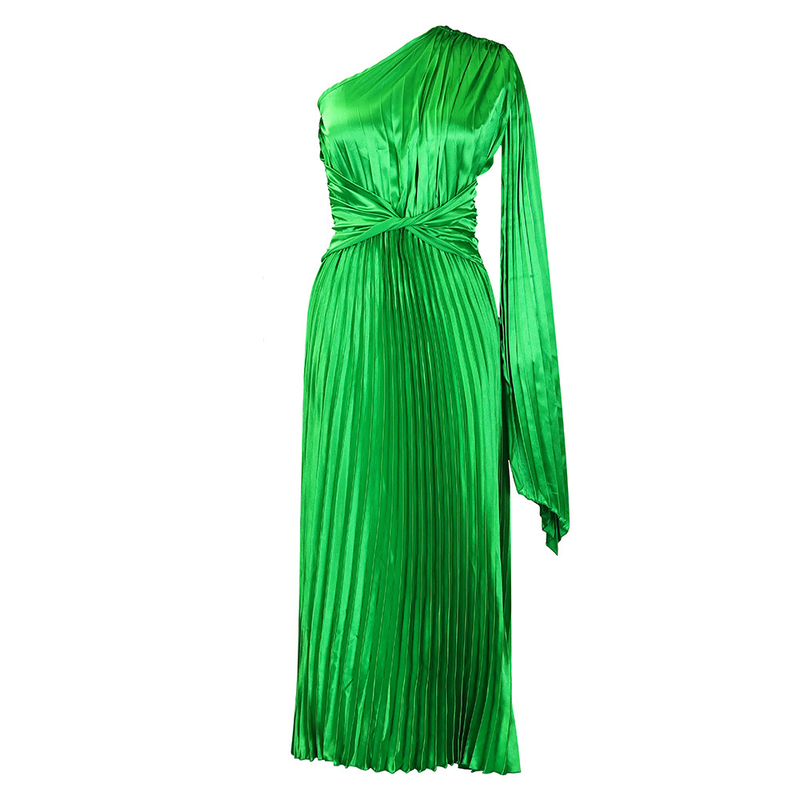 women's clothing new one-shoulder pleated long skirt oblique collar waist dress _voghion.com