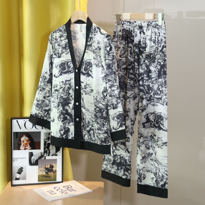 New style pajamas for women, national trend style, high-end national style ink painting, ice silk thick home clothes set, can be worn outside_voghion.com