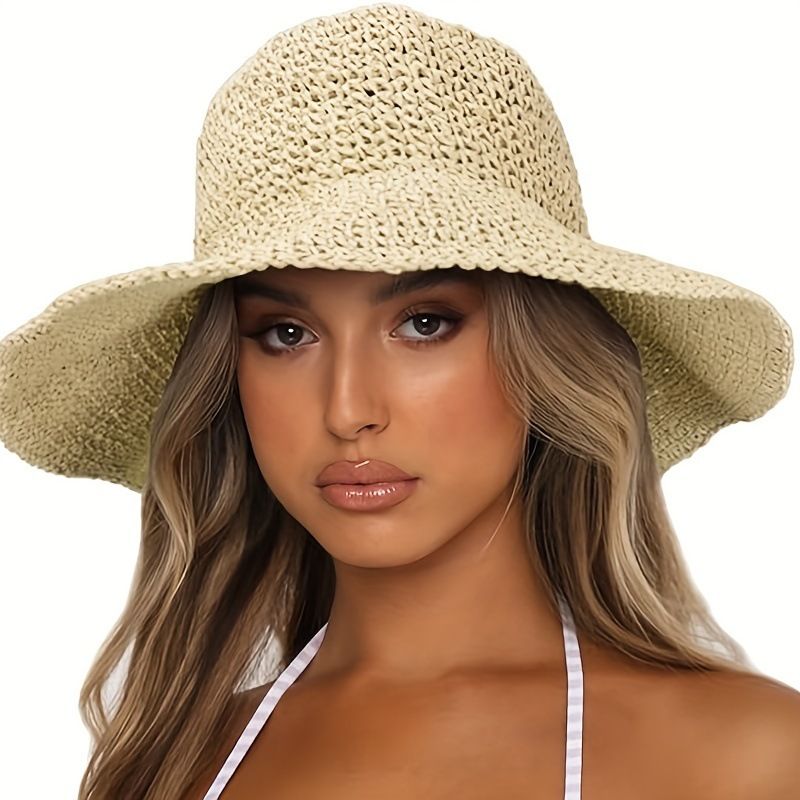 Pdmcms Cappello in Erba Cava Intrecciata per le Donne Cappello da Spiaggia Fresco per Ombreggiatura e Protezione Solare Cappello da Pescatore alla Moda Cappello in Erba Pieghevole_voghion.com