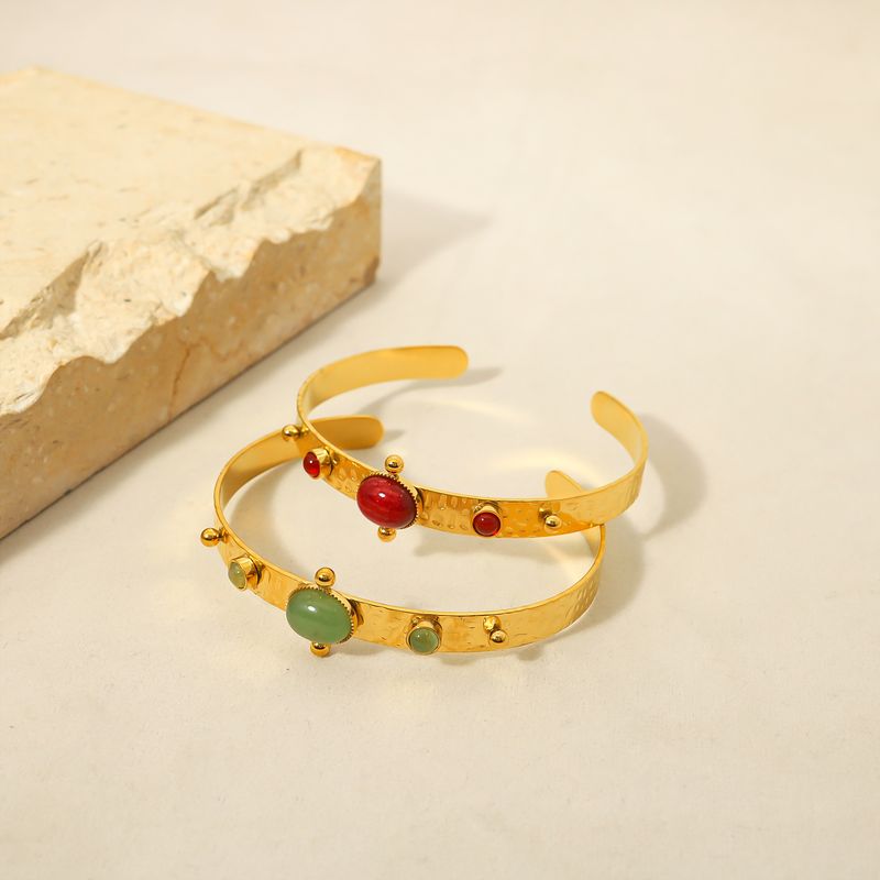 Prantsuse retropunane kiviroheline aventuriinist looduslikust kivist avatud titaanist terasest käevõru ei pleeki kullatud nišiehted naistele_voghion.com