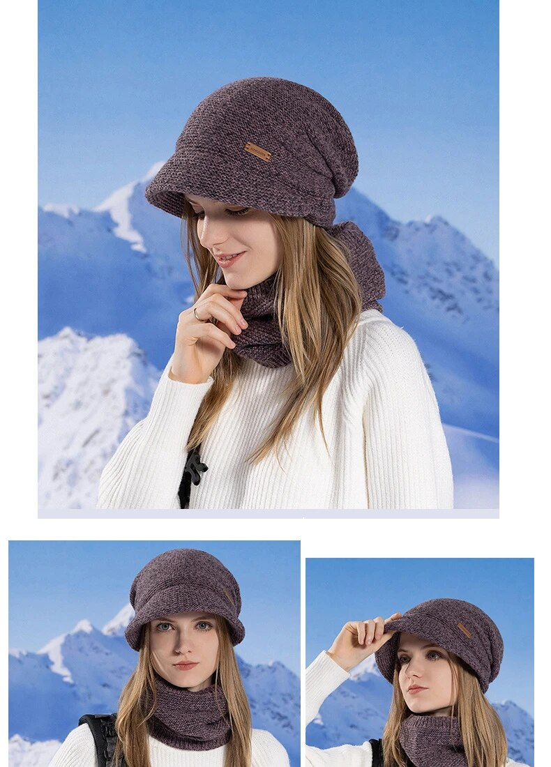 CHRLCK Bonnet Chapeaux Ensemble Femmes Chaud Tricoté Crâne Cap Cou Plus Chaud Épaissir Fourrure Doublé Dame Hiver Chapeau Masque Écharpe_voghion.com