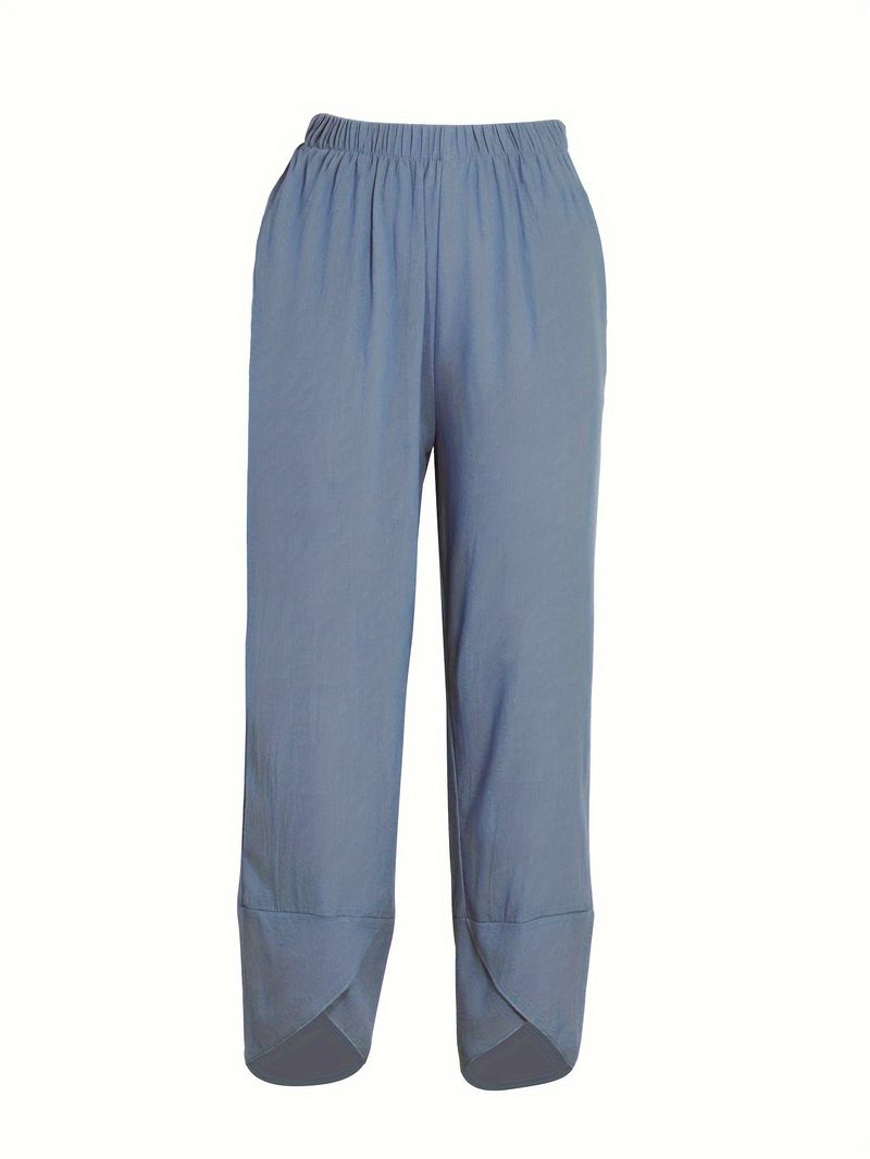 Pantaloni larghi alla moda da donna, casual, larghi, in cotone e lino, con elastico in vita, a nove punte_voghion.com