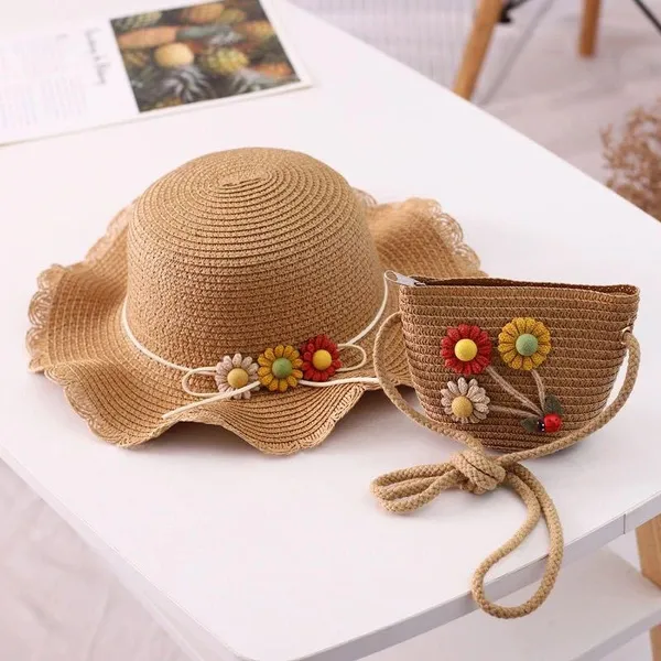 2Pcs Girls Sunflower Summer Wide Brim Hat Casual Toddler Baby Girls Straw Hat with Shoulder Bag Sun Beach Travel Sunshade Caps_voghion.com