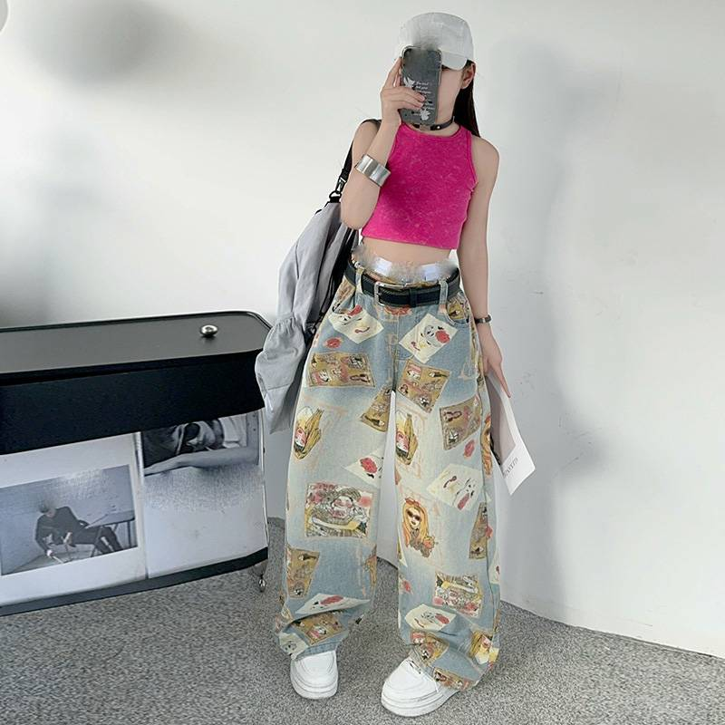 Dětské oblečení, letní džíny, stylové potištěné kalhoty se širokými nohavicemi, módní ležérní střední a velké rovné dlouhé kalhoty_voghion.com