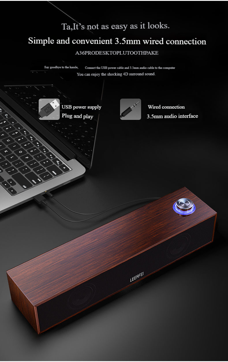 E350MB Wired & Bluetooth Multimedia Speaker - Wooden Desktop Soundbar With Deep Bass (PC/Laptop Compatible, Long Strip Design)_voghion.com