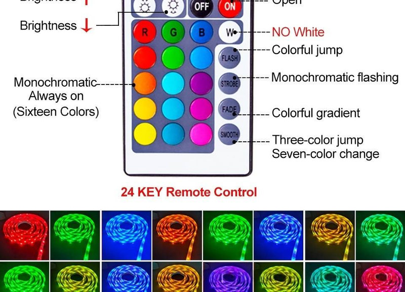 Tira de luces LED RGB 2835 de 5 V con control remoto de 24 teclas y compartimento para pilas. Iluminación de fondo impermeable para TV, ideal para decoración del hogar y fiestas._voghion.com