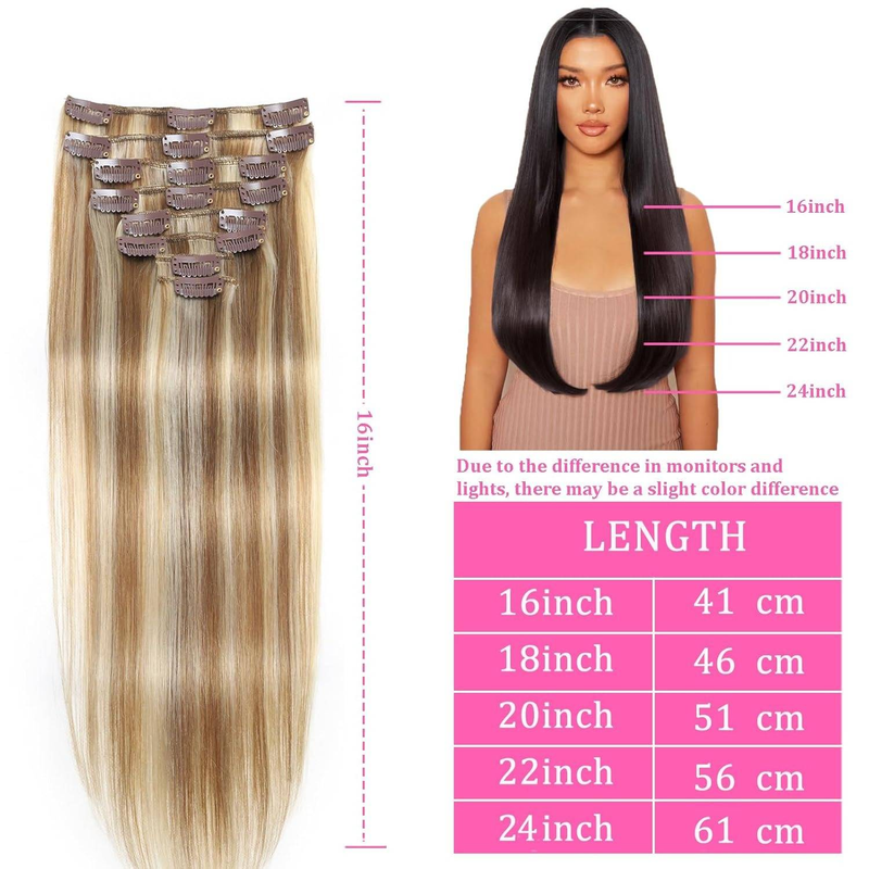 Clip-In-Haarverlängerungen, Echthaar, 35,6 cm, Helles Aschblond/Bleichblond, Clip-In-Doppelschuss, 100 % Echthaar-Extensions, 8 Stück, 80 g_voghion.com
