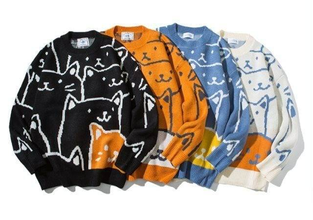 Męski sweter z nadrukiem kota w stylu kreskówkowym – obszerny sweter dla par w stylu koreańskim (biały/czarny/niebieski/pomarańczowy, S-XXL)_voghion.com