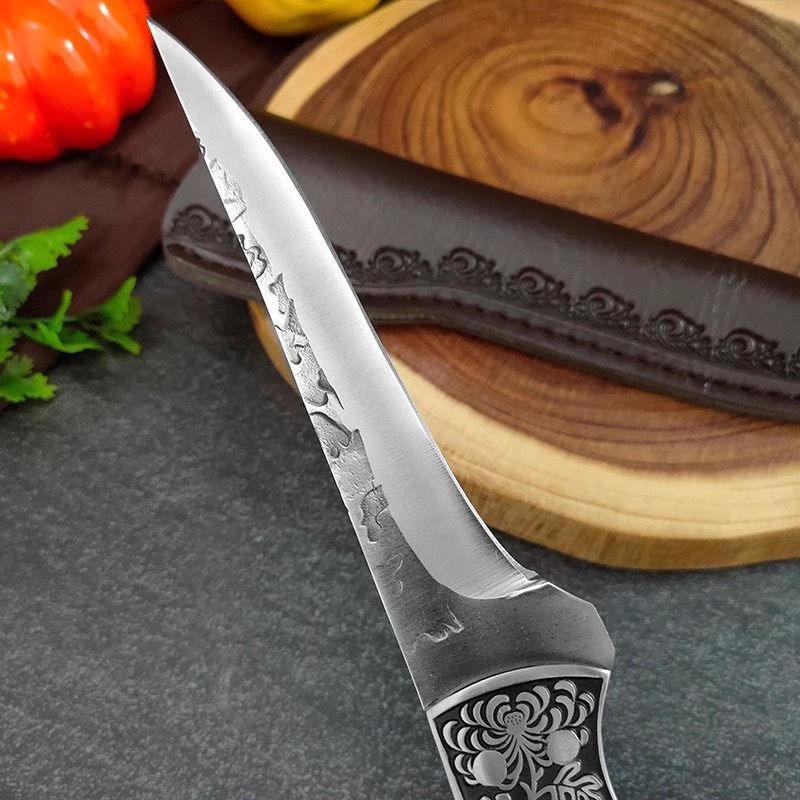 Coltello da disosso professionale forgiato a mano con testa in acciaio intagliato - lama in acciaio inossidabile 4Cr13, impugnatura ergonomica in Pakkawood e fodero in pelle_voghion.com
