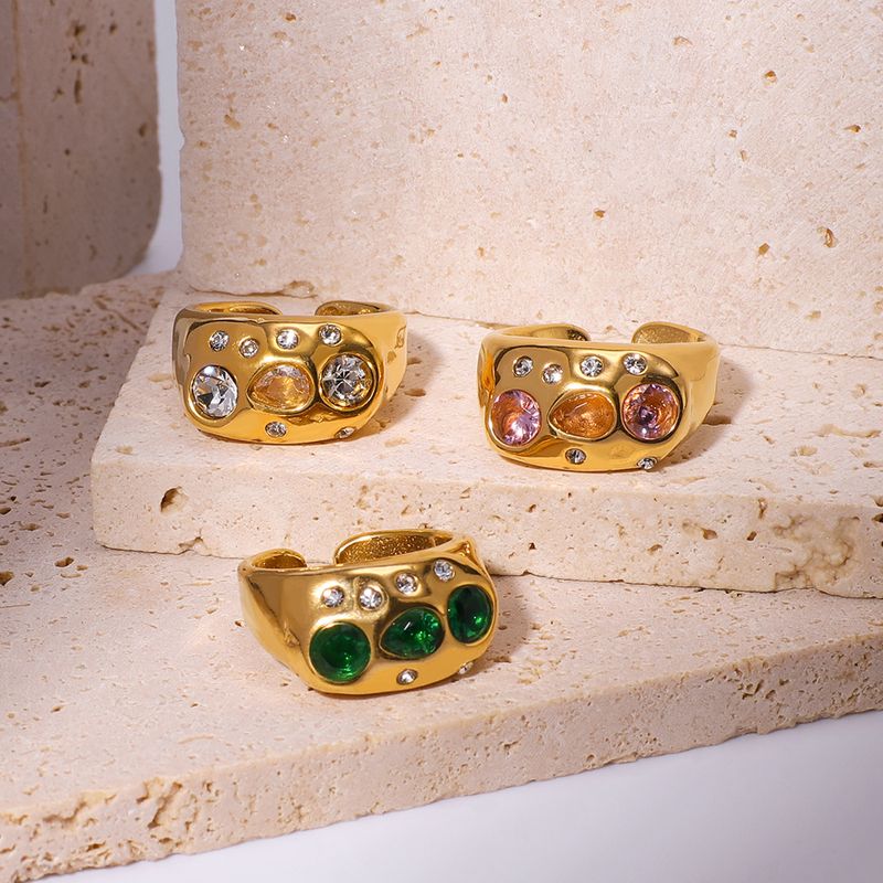 Elegante anello aperto regolabile in acciaio inossidabile con diamanti colorati placcato oro, semplice gioiello_voghion.com