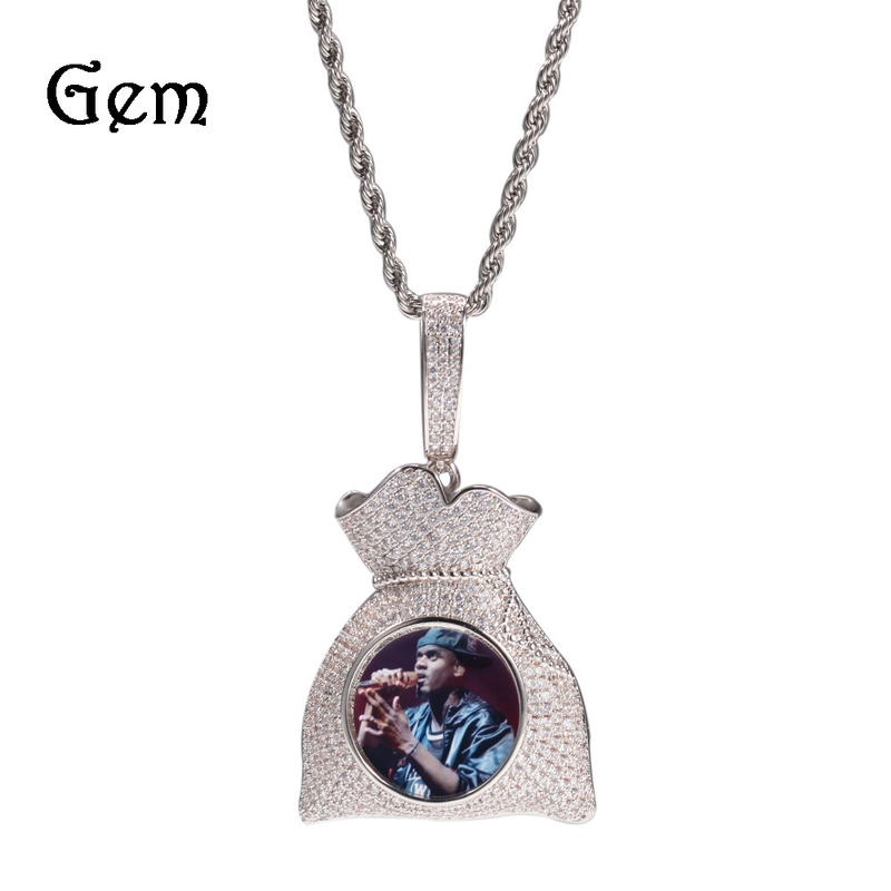 Collana con ciondolo creativo fai-da-te con design creativo di borsa per soldi in zirconi con foto hip-hop_voghion.com