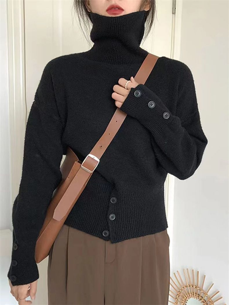 Pull doux à col montant d'inspiration japonaise pour femme - Pull décontracté à boutons rétro (blanc cassé/kaki/vert olive/noir/gris)_voghion.com