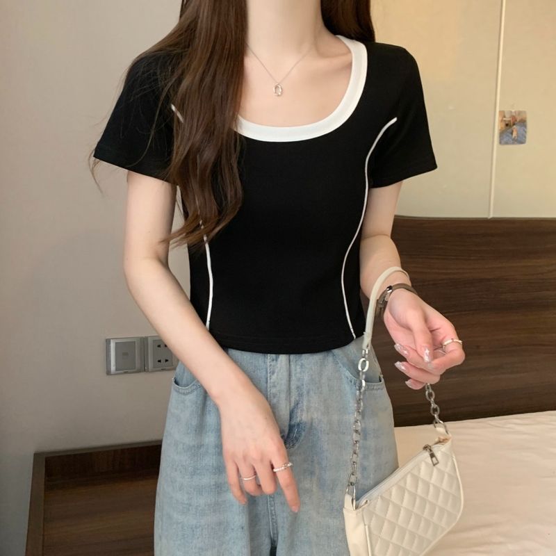 Shoulder sleeved T-shirt for women in summer, unique and chic color blocking, square neck shirt with contrasting colors,_voghion.com