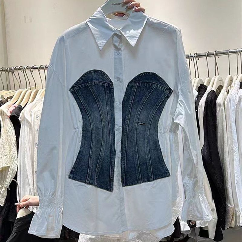 Abbigliamento da donna Design senso camicia in denim con cuciture a maniche lunghe da donna 2024 primavera nuova moda slim all-match di media lunghezza_voghion.com