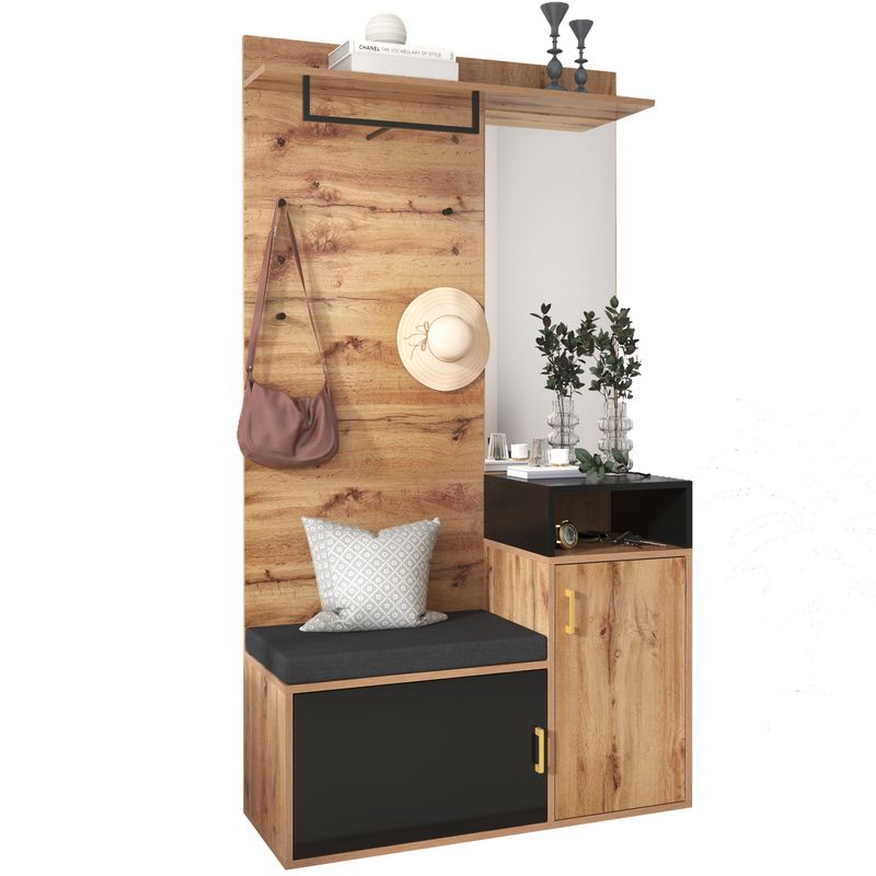 Ensemble garde-robe avec 4 patères, miroir, meuble à chaussures, meuble d'entrée mural avec étagère de rangement supérieure et banquette d'entrée – Installation murale avec perçage nécessaire_voghion.com