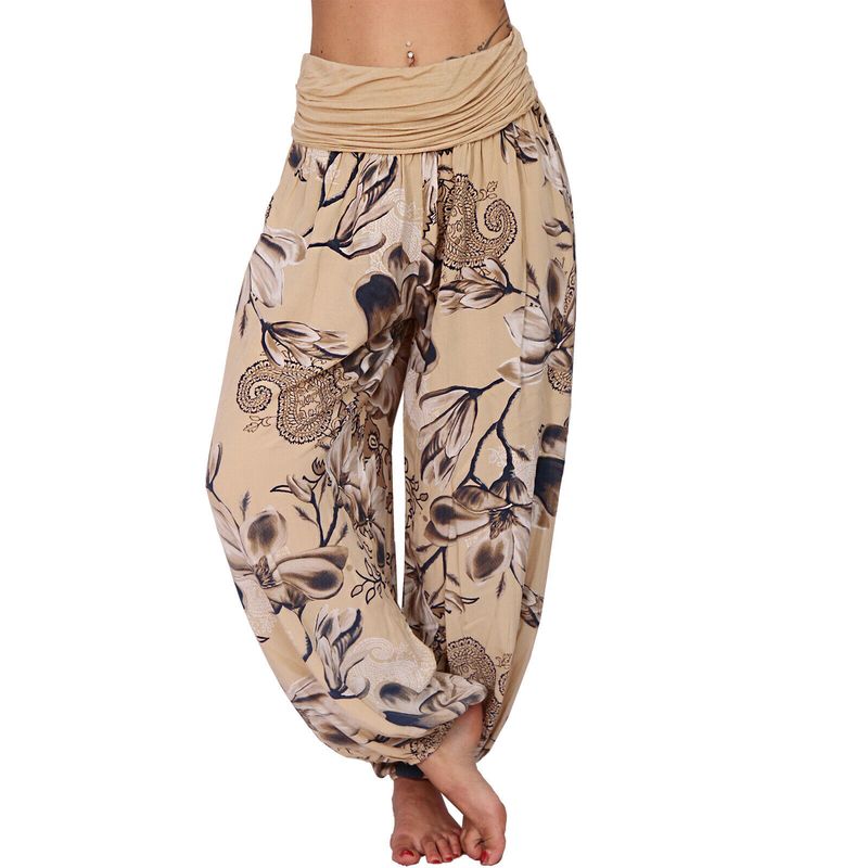 Plus Size Boho Pants, Women's Plus Floral Print Ruched Low Waist Loose Comfy Harem Pants_voghion.com