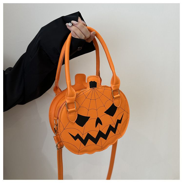 Borsa a tracolla con zucca di Halloween - Piccola borsa a tracolla rotonda in stile retrò con blocchi di colore, chiusura con cerniera e tasca per telefono_voghion.com