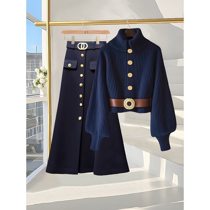 Completo invernale taglie forti da donna: elegante maglione lavorato a maglia e gonna midi in due pezzi per donna - Look snellente e giovanile di lusso_voghion.com