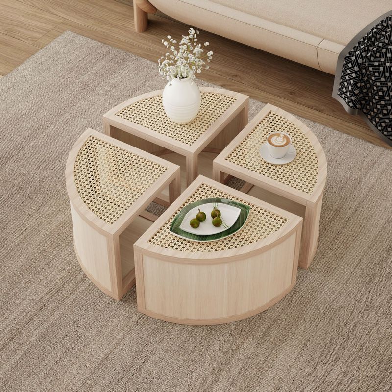 Round To Square Block Modular Coffee Table Light Natural Rattan With Storage 4 Piece_voghion.com