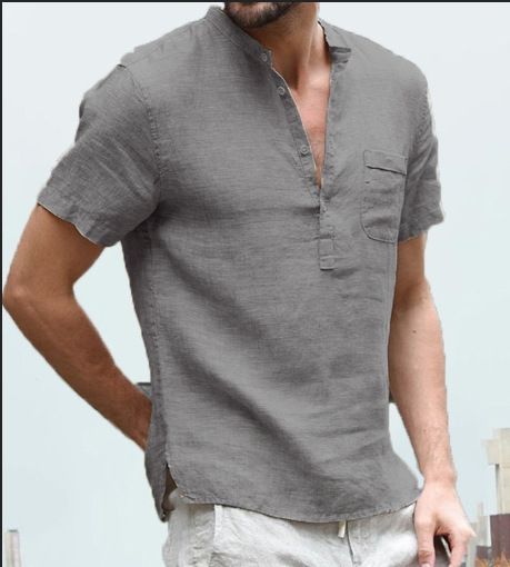 Men's Summer New Hot-selling Cotton And Linen Short-sleeved Men's T-shirts Stand-up Collar Buttoned Half- Placket Simple Short-sleeved Shirt_voghion.com