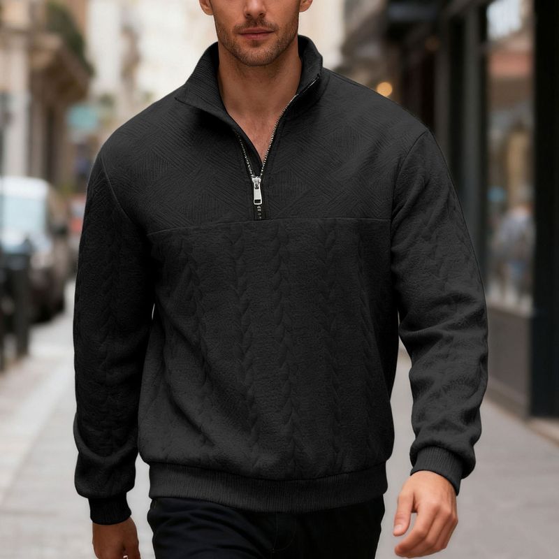 Lässiger Herren-Pullover mit halbem Reißverschluss und Jacquard-Patchwork-Design, locker sitzendes Strickoberteil für Herbst und Winter (Weiß, Grau, Schwarz, Khaki, Marineblau)_voghion.com