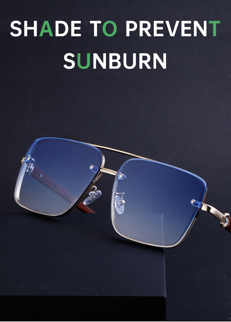 2024 Neue europäische und amerikanische Vintage-Doppelstrahl-Sonnenbrille aus Metall für Herren, Spiegelbeine aus Holzimitat, Anti-Blaulicht-Sonnenbrille für Herren_voghion.com