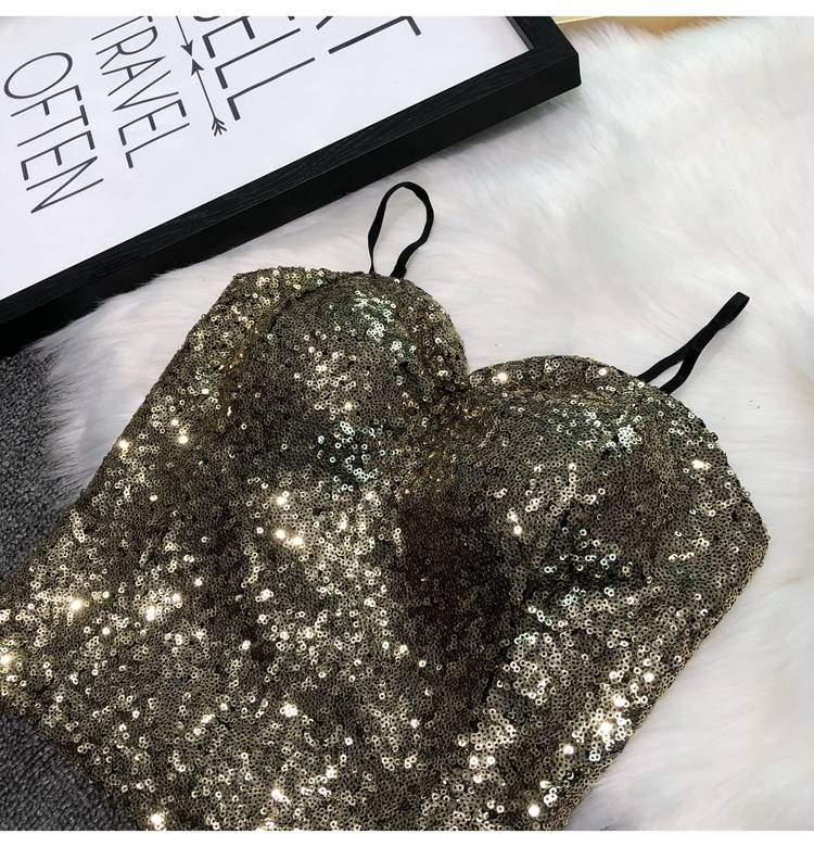 Abbigliamento da donna Cintura sexy Reggiseno imbottito Capispalla Bretelle Paillettes Intimo Corto Top da night club_voghion.com