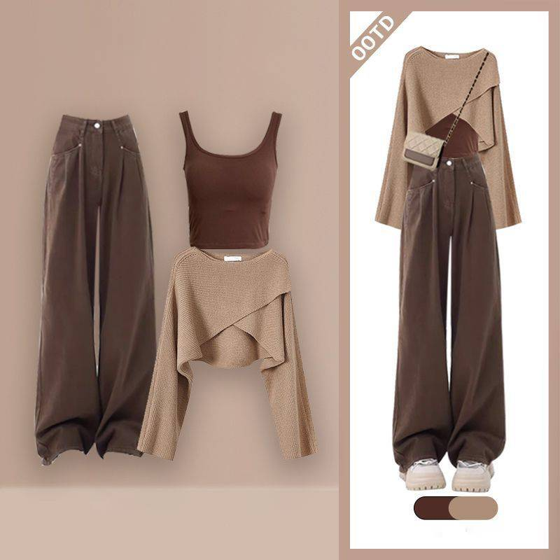 Damenbekleidung Herbst-Outfit ein komplettes Set Lockerer, lässiger Pullover Weste Schlanker Overall Dreiteiliger Anzug_voghion.com