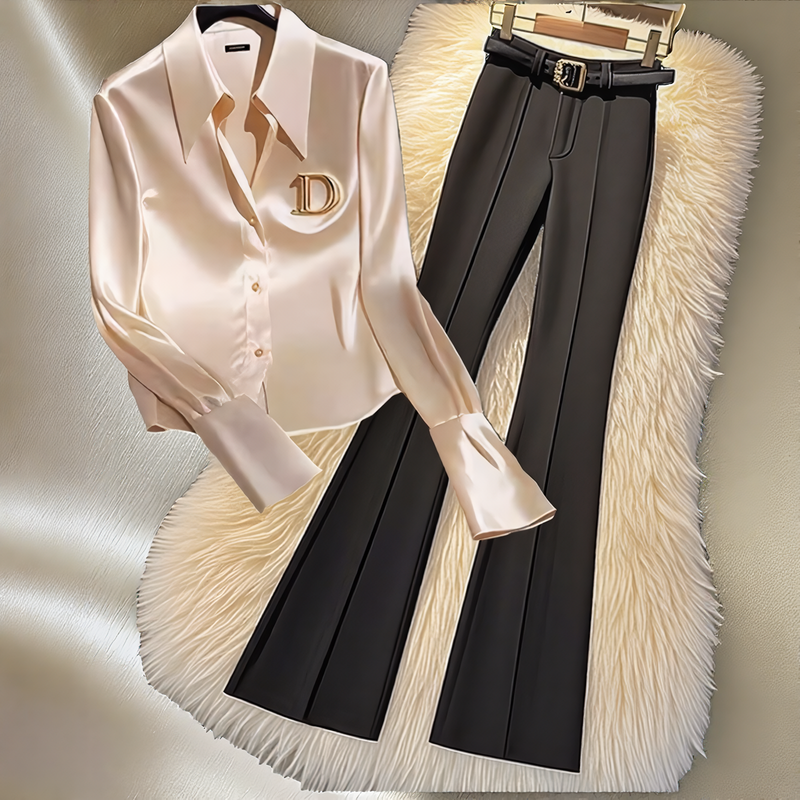 "Hellbeige-schwarzes formelles Business-Set für Damen - Bluse aus glattem Stoff mit dekorativem Brustdesign + strukturierte Röhrenhose - Büro_voghion.com