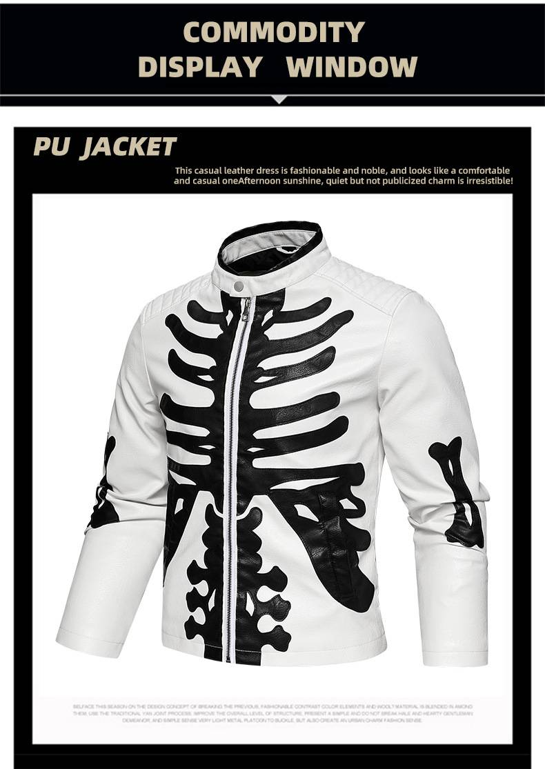 A Trendy Motorcycle Leather Jacket With A Skull Embroidery And Human Bones In Black And White Contrasting Colors Presents A Dress_voghion.com