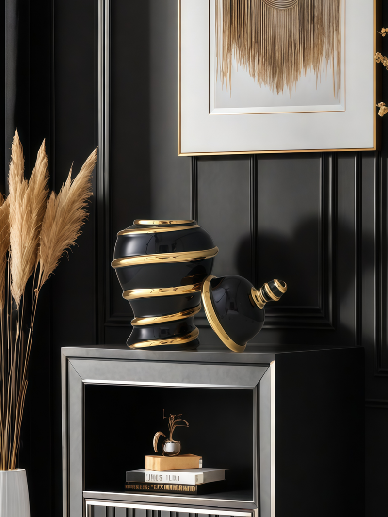 1 vase décoratif en céramique à rayures dorées avec couvercle, design léger et luxueux, pouvant contenir de l'eau, pour arrangement floral, vase décoratif_voghion.com