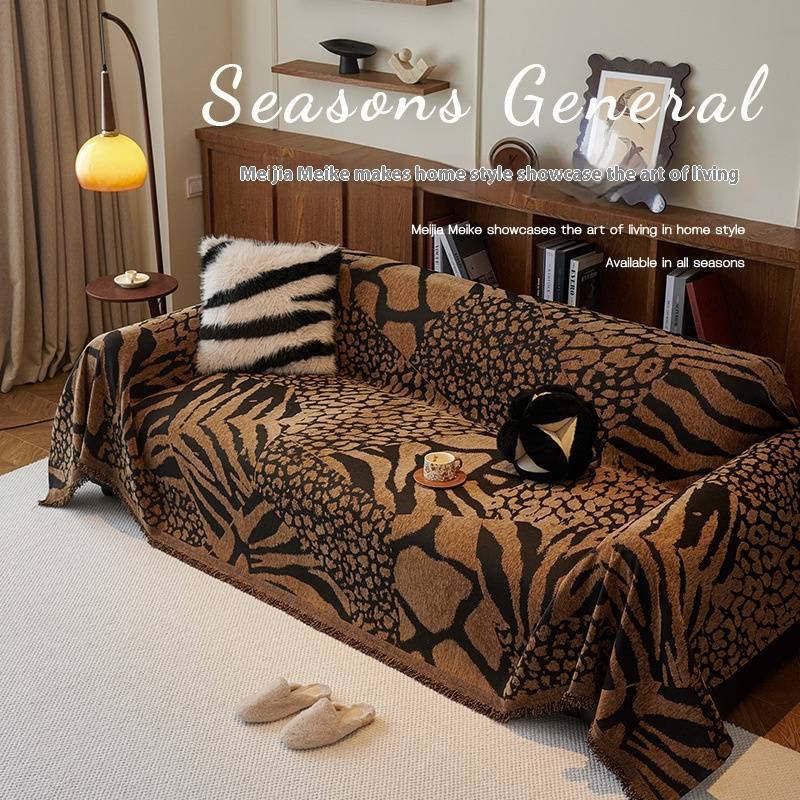 Vintage Chenille Leopard Print Sofa Cover Throw Blanket - Soft Thick Textured Fabric For 3-Seater Couch - French Style Thickened Sofa Blanket_voghion.com