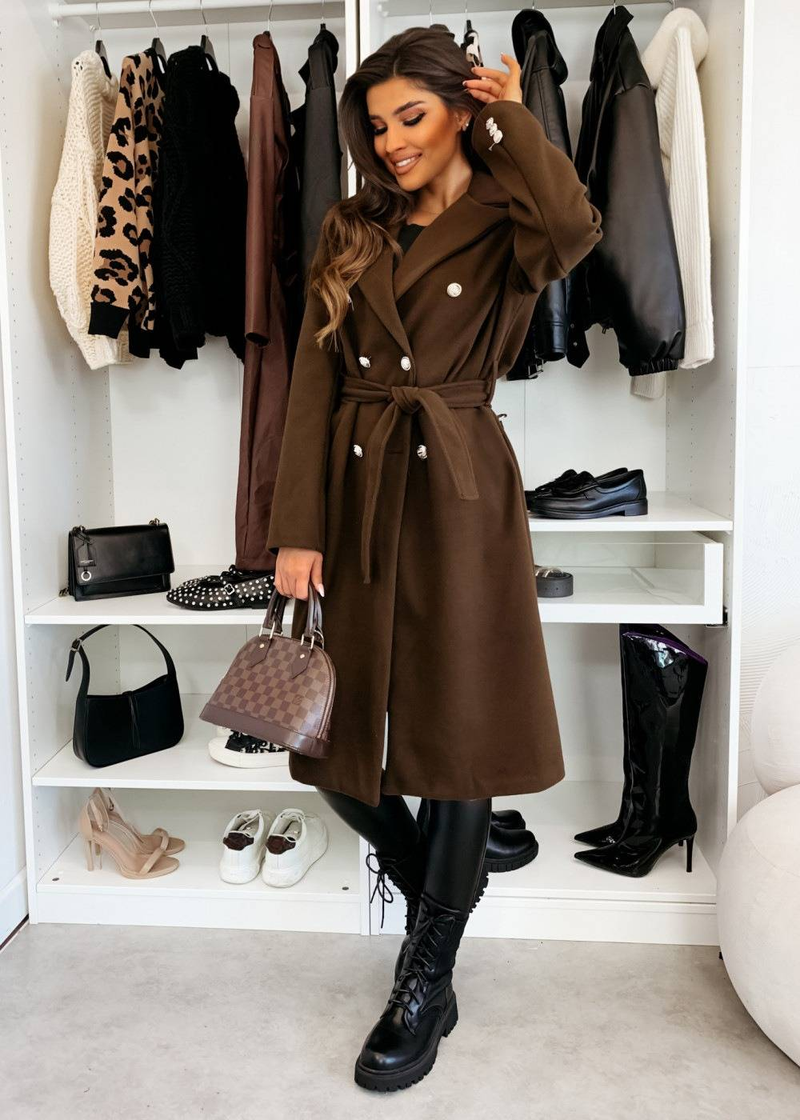 Dames winterjas met dubbele rij knopen en riem van wol - Slim fit trenchcoat met reverskraag, bovenkleding voor op straat en op kantoor_voghion.com