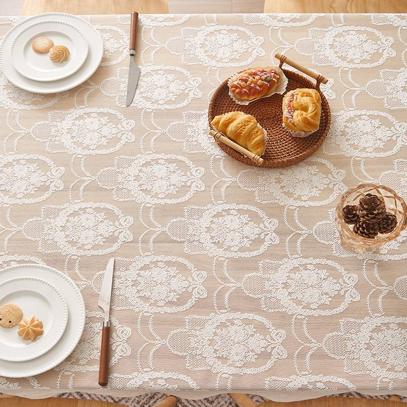 Lace Tablecloth – Waterproof & Heat-Resistant Polyester Fabric, Rectangle Table Cover For Dining & Decor (White/Beige/Olive Green/Orange-Red)_voghion.com